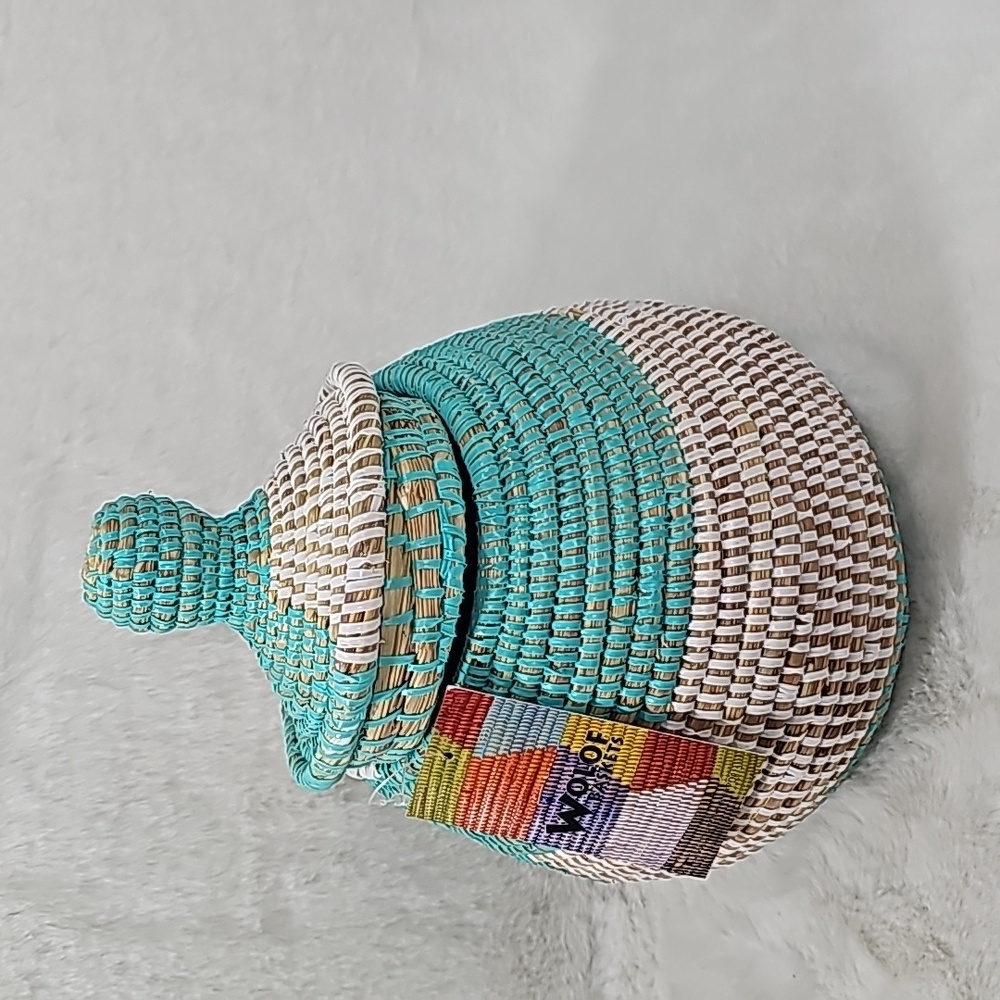 Wolf Baskets 9" x 8" Handwoven Lidded Basket Aqua & White